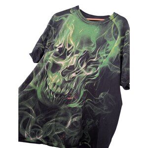 Vintage Y2K Social Media Smoke Flame Skull Graphic Tee Shirt 2XL Green Goth